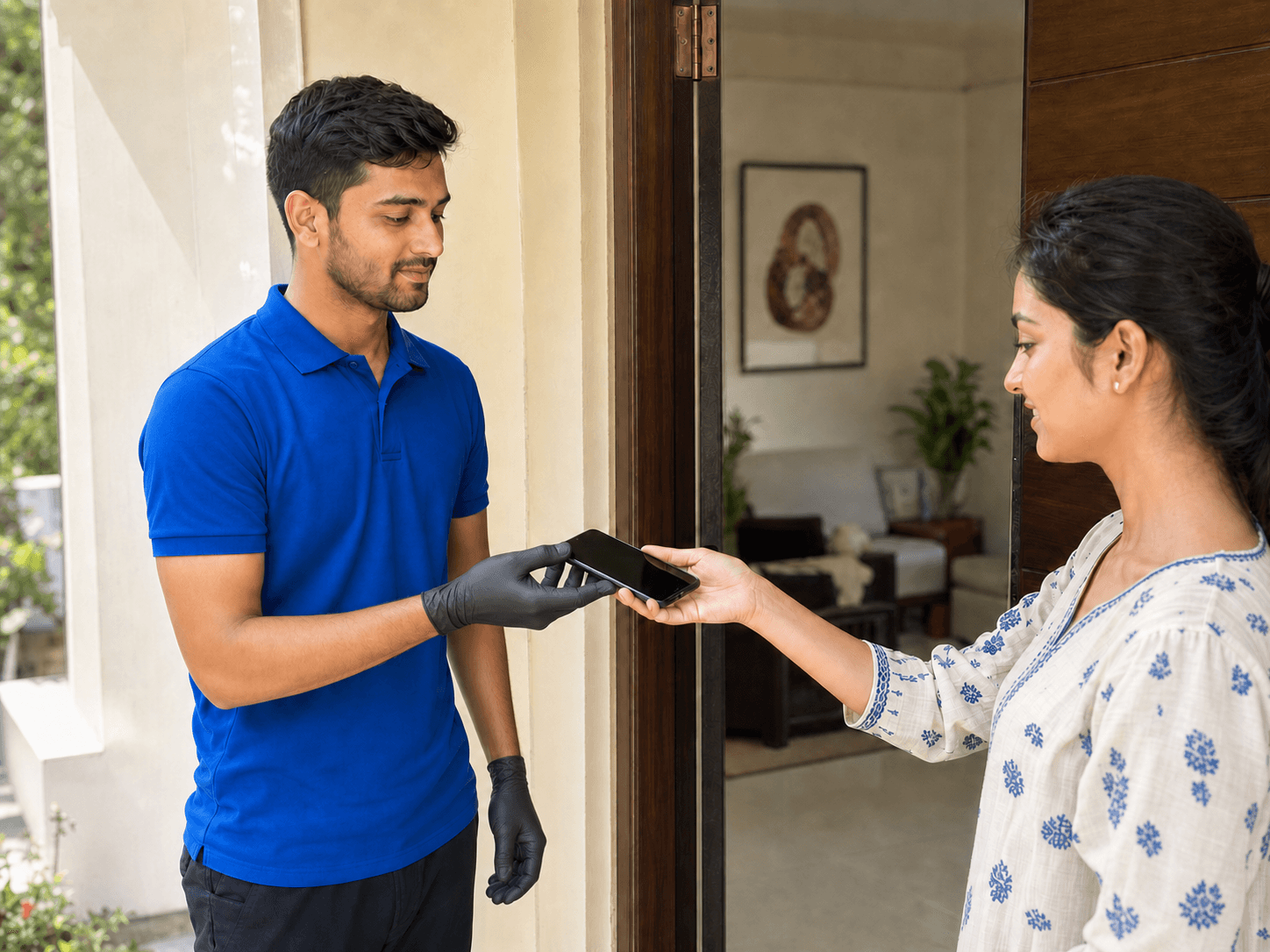 A customer handing her phone to a technician arriving for a doorstep repair