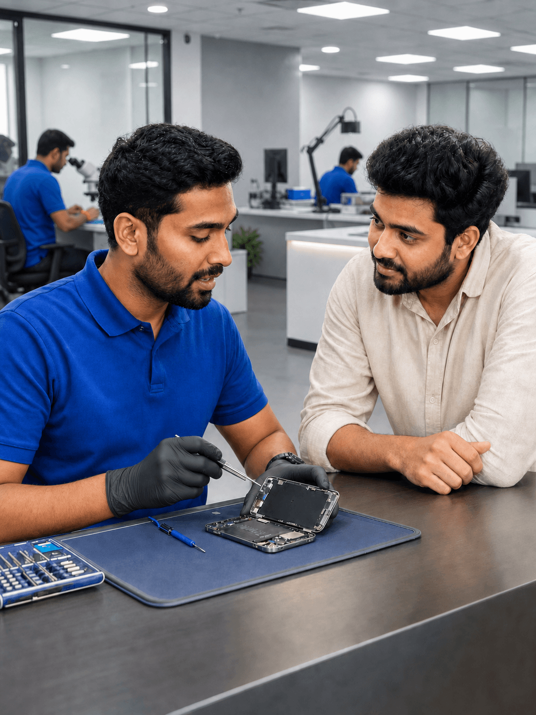A technician explaining a smartphone repair to a customer at a service centre